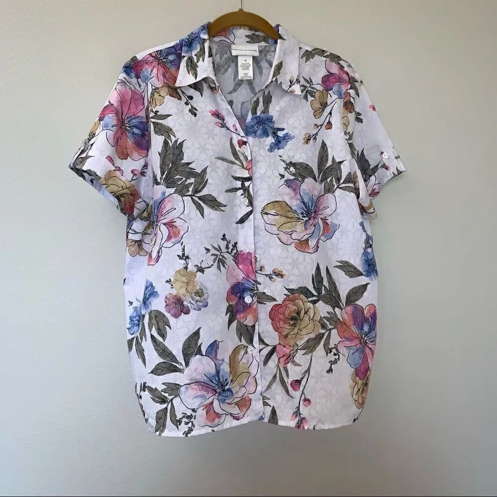 Alfred Dunner Floral Print Roll Tab Short Sleeve Button Front Top